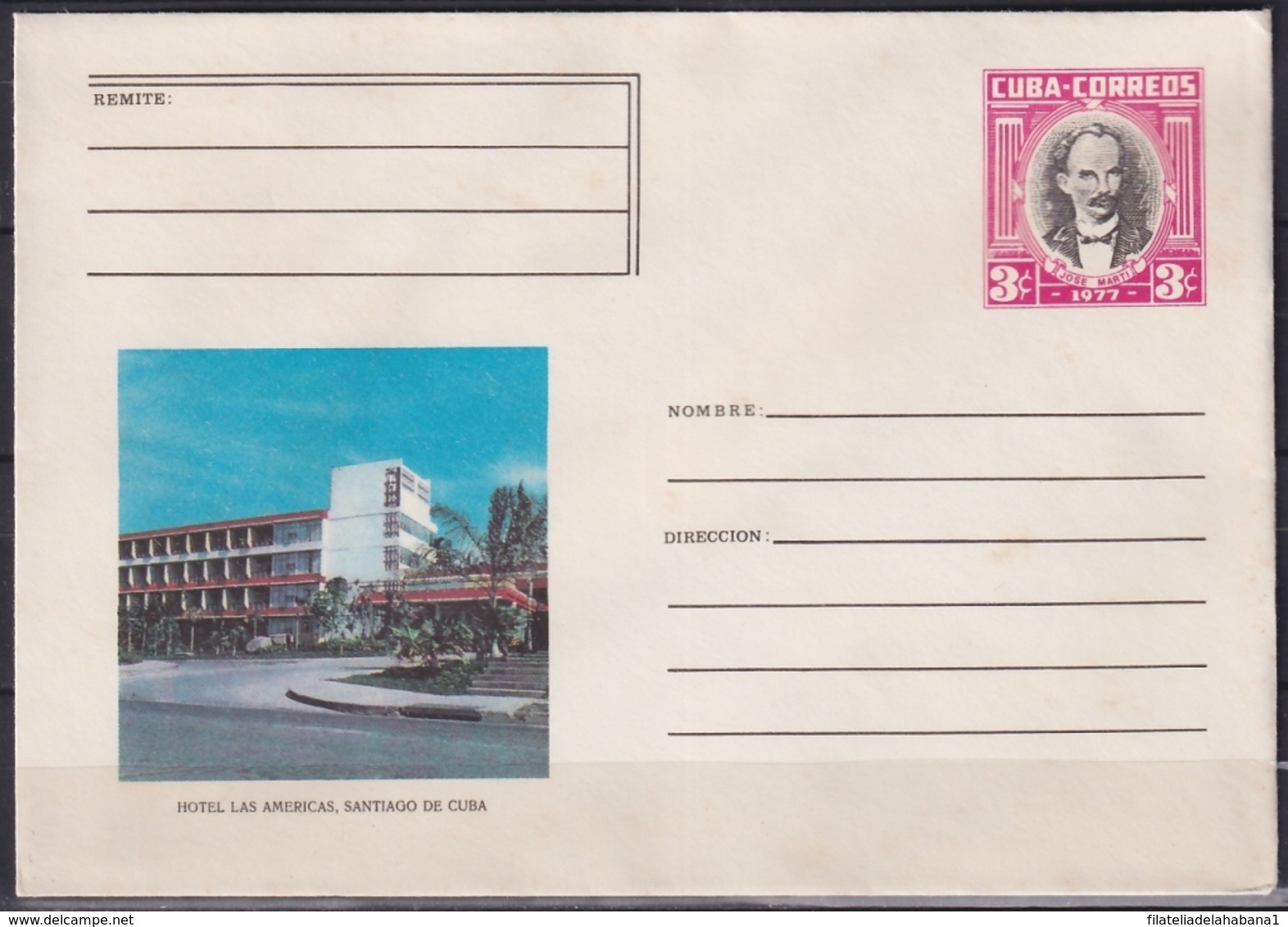 1977-EP-64 CUBA 1977 3c POSTAL STATIONERY COVER. SANTIAGO DE CUBA, HOTEL LAS AMERICAS. LIGERAS MANCHAS - Storia Postale