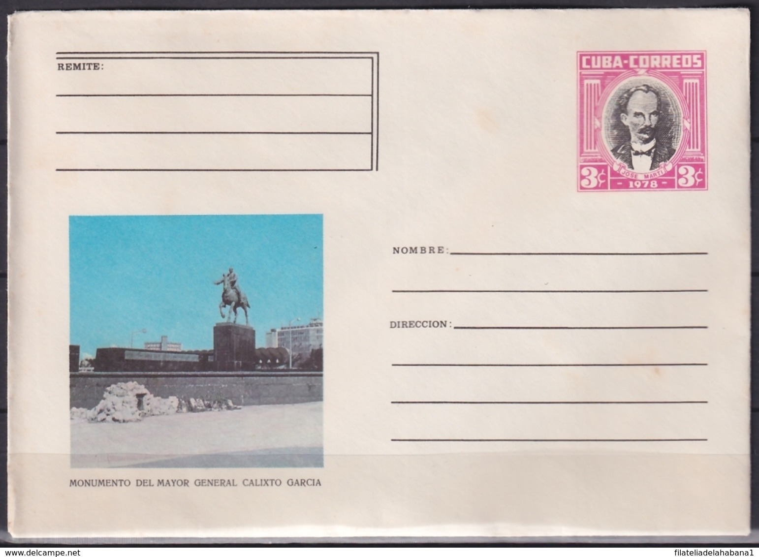 1978-EP-61 CUBA 1978 3c POSTAL STATIONERY COVER. HAVANA. MONUMENTO A CALIXTO GARCIA. LIGERAS MANCHAS. - Lettres & Documents