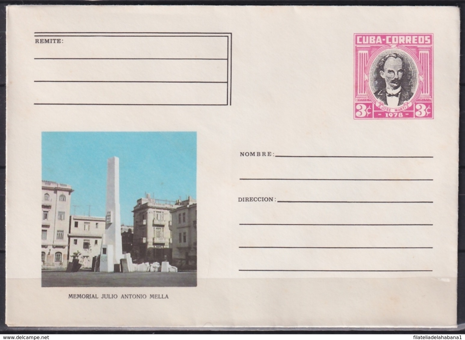 1978-EP-62 CUBA 1978 3c POSTAL STATIONERY COVER. HAVANA. MONUMENTO A JULIO ANTONIO MELLA EN LA UNIVERSIDAD. - Briefe U. Dokumente