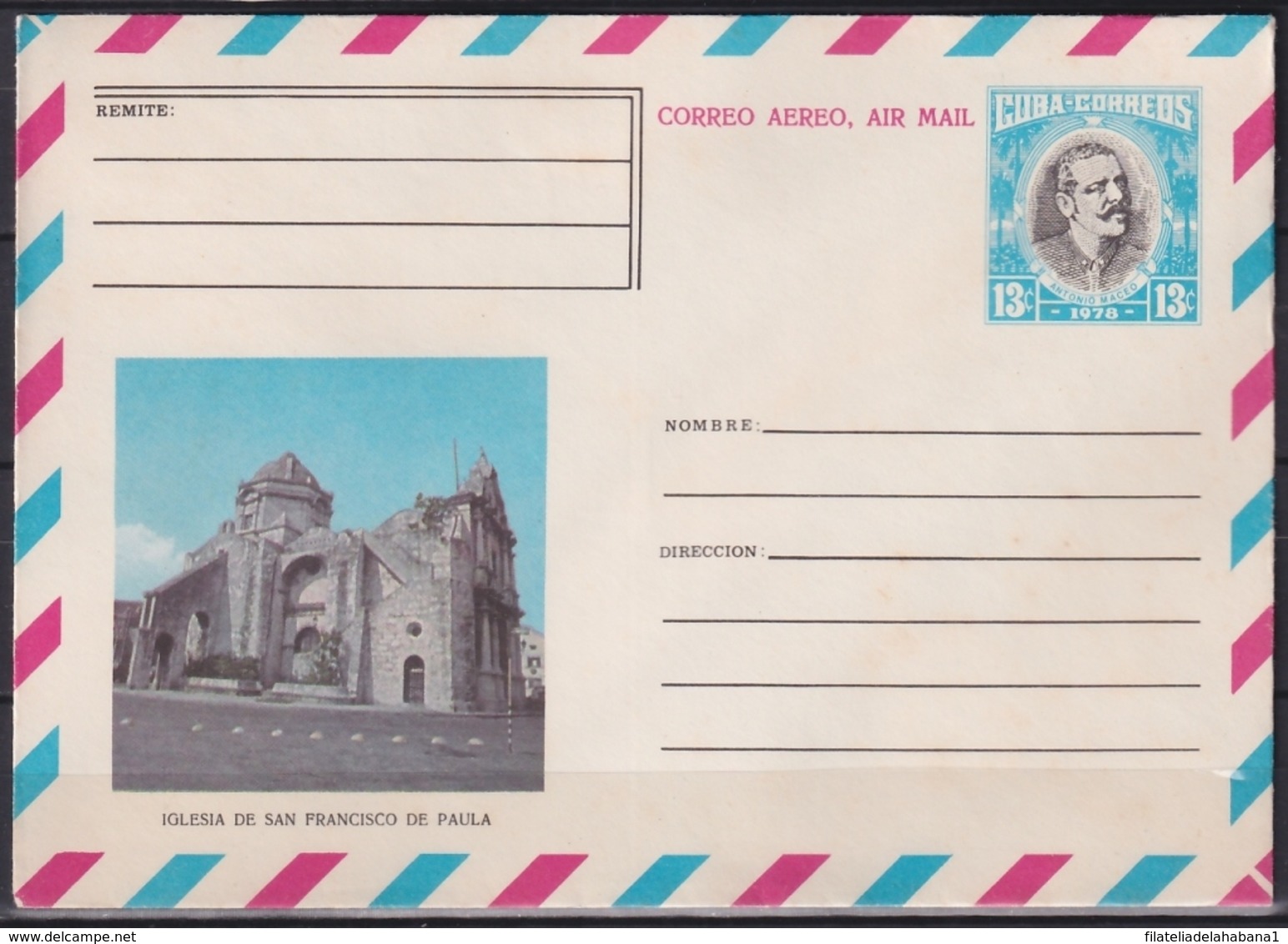 1978-EP-64 CUBA 1978 13c POSTAL STATIONERY COVER. HAVANA. IGLESIA DE SAN FRANCISCO DE PAULA CHURCH. - Covers & Documents