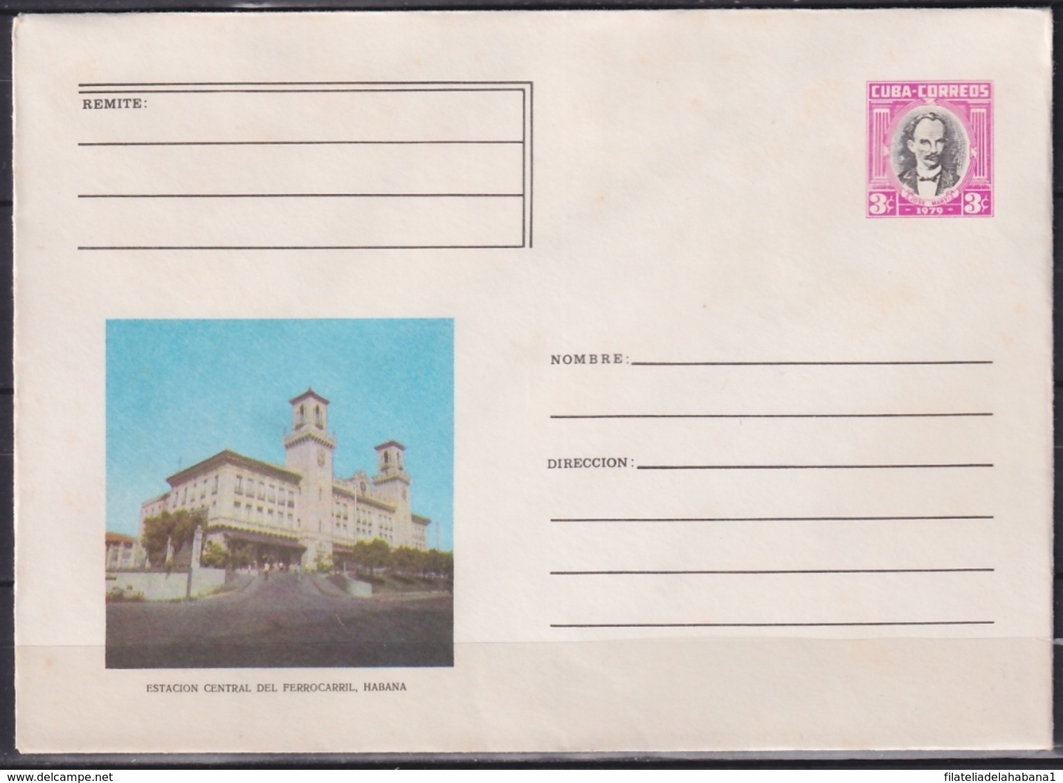 1979-EP-122 CUBA 1979 3c POSTAL STATIONERY COVER. HAVANA. ESTACION CENTRAL FERROCARRIL RAILROAD STATION. - Cartas & Documentos