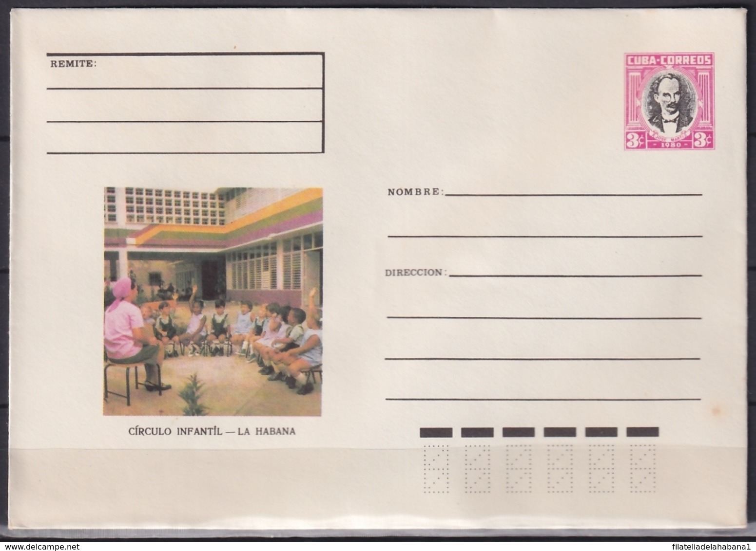 1980-EP-154 CUBA 1980 3c POSTAL STATIONERY COVER. HAVANA, CIRCULO INFANTIL DAY CARE. LIGERAS MANCHAS - Storia Postale