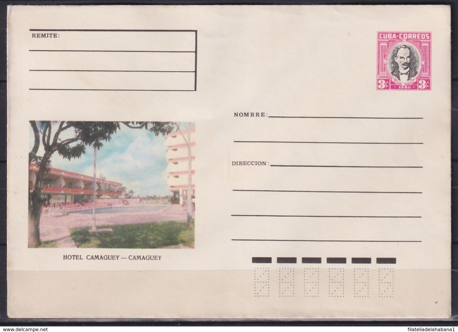 1980-EP-155 CUBA 1980 3c POSTAL STATIONERY COVER. CAMAGUEY, HOTEL CAMAGUEY. - Lettres & Documents