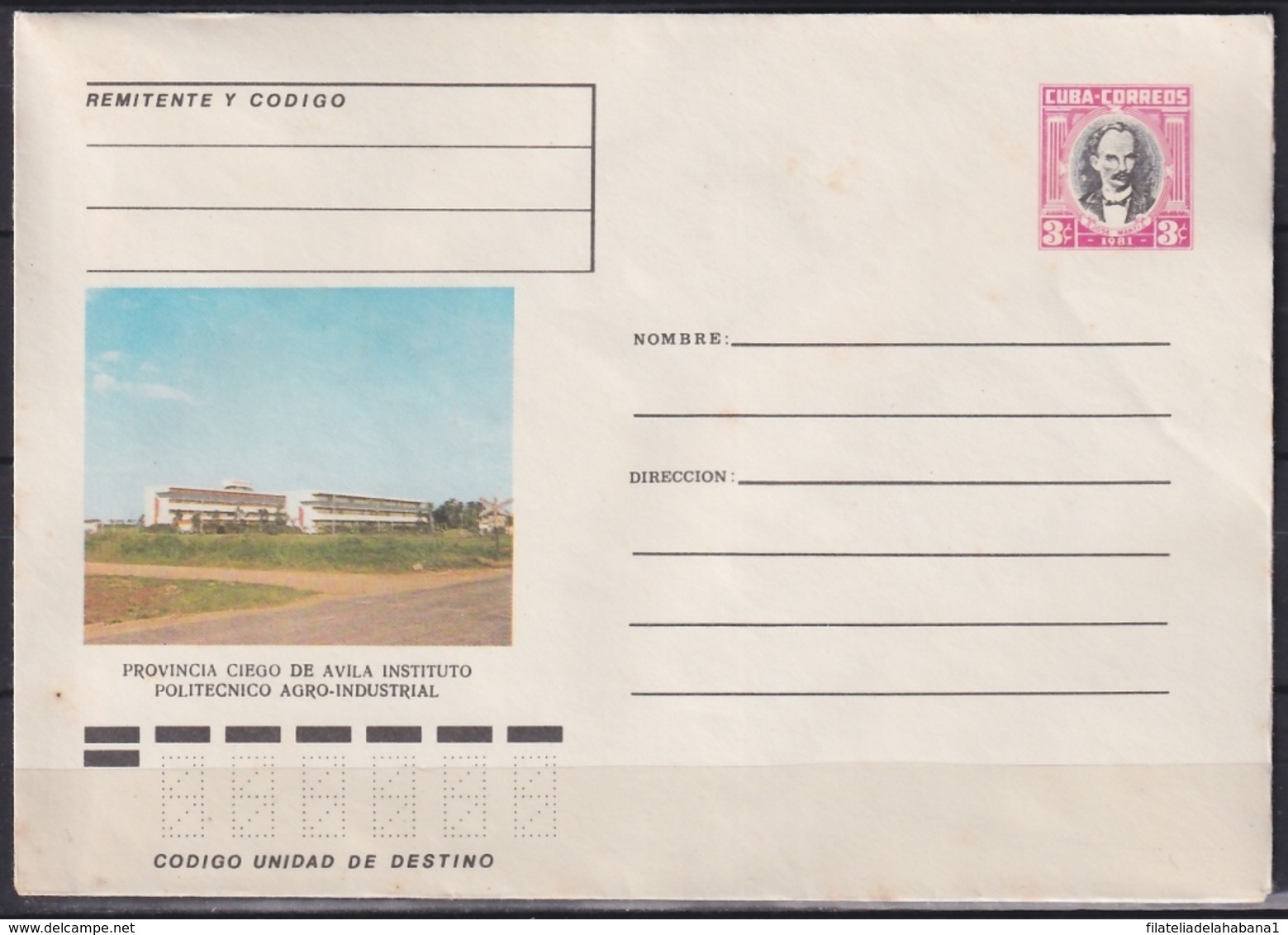 1981-EP-136 CUBA 1981 3c POSTAL STATIONERY COVER. CIEGO DE AVILA, INSTITUTO POLITECNICO AGRO-INDUSTRIAL - Covers & Documents