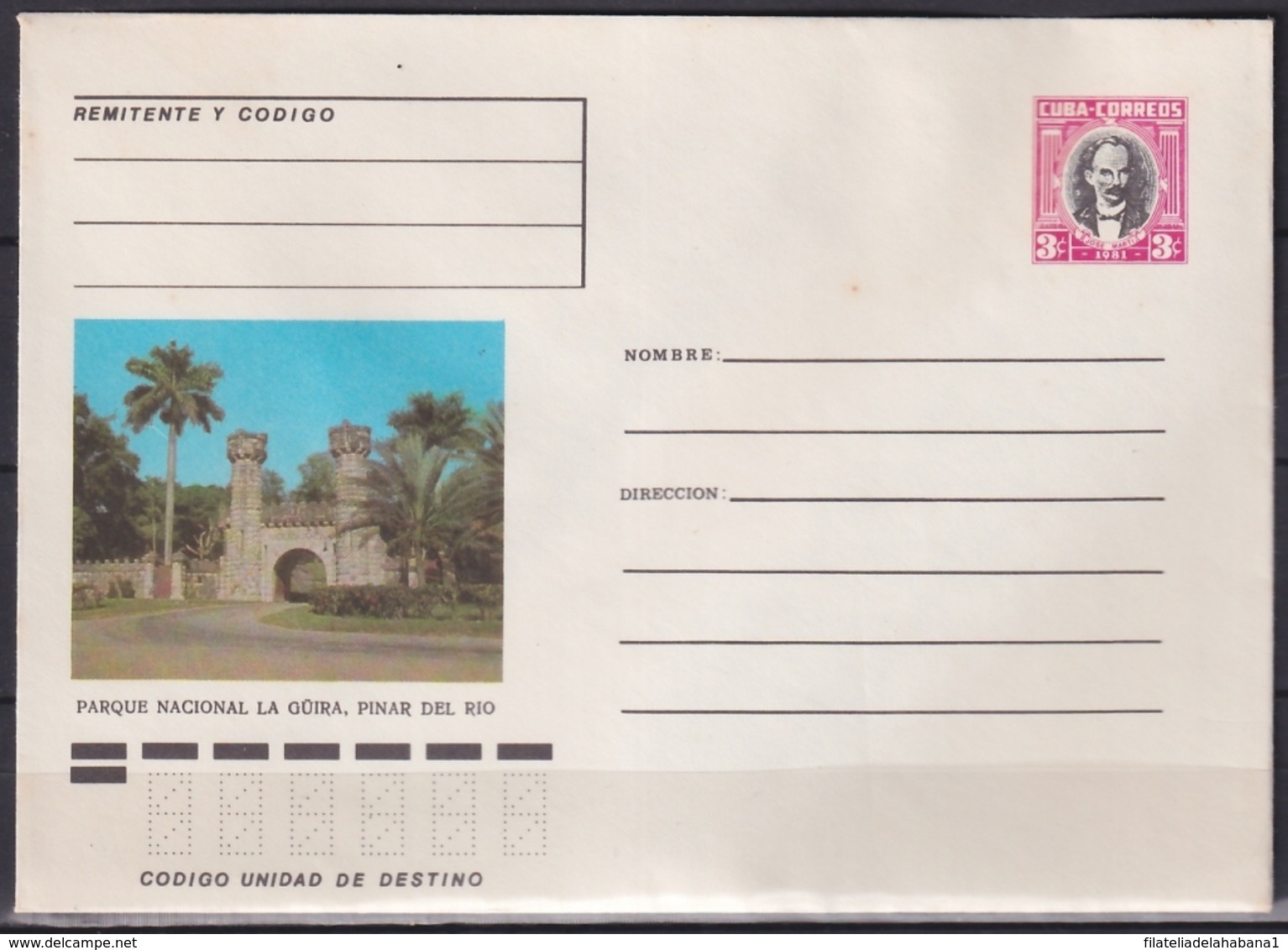 1981-EP-145 CUBA 1981 3c POSTAL STATIONERY COVER. PINAR DEL RIO, PARQUE NACIONAL LA GUIRA. - Briefe U. Dokumente