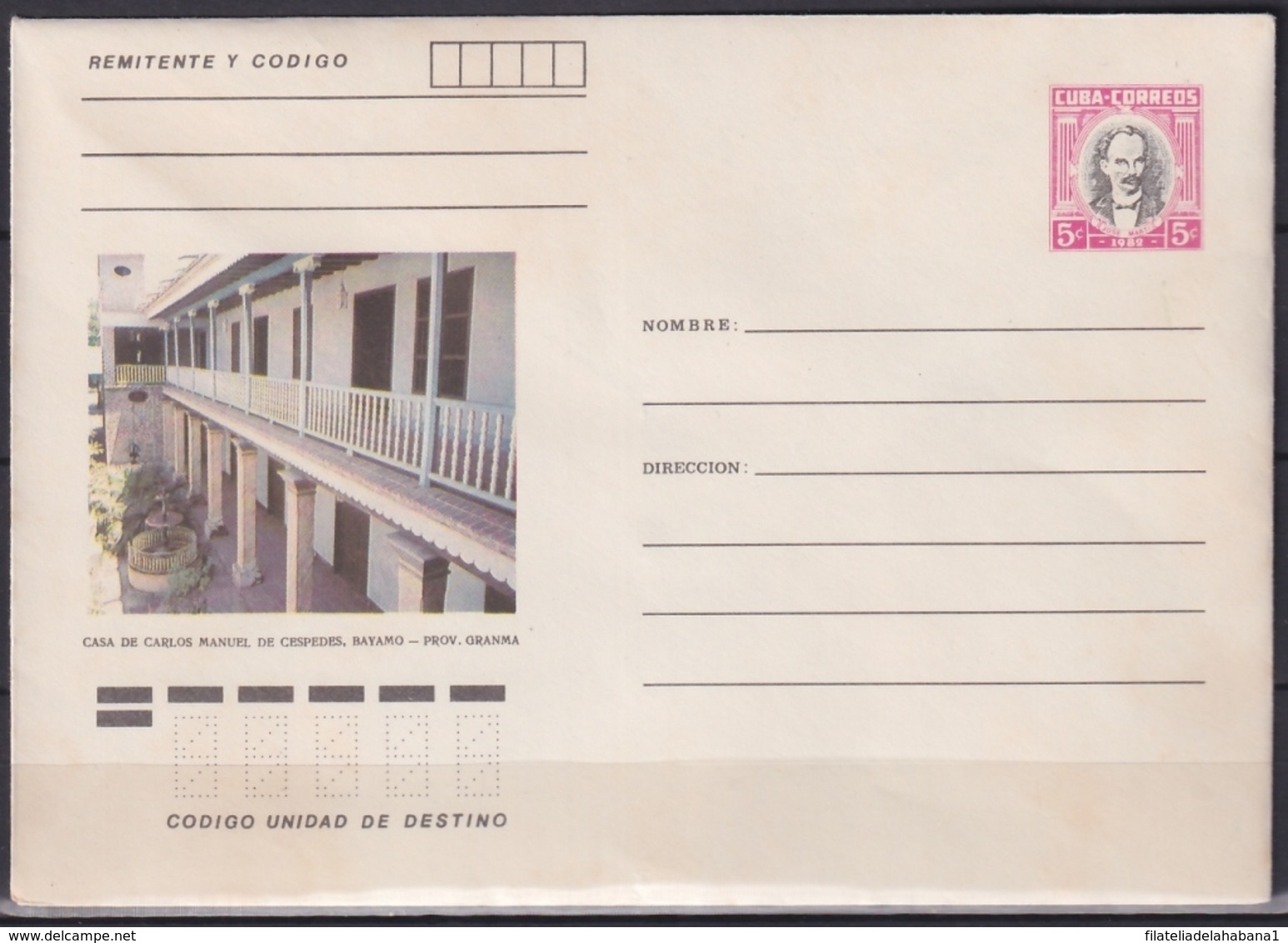 1982-EP-201 CUBA 1982 5c POSTAL STATIONERY COVER. BAYAMO, CASA DE CARLOS MANUEL DE CESPEDES. - Lettres & Documents