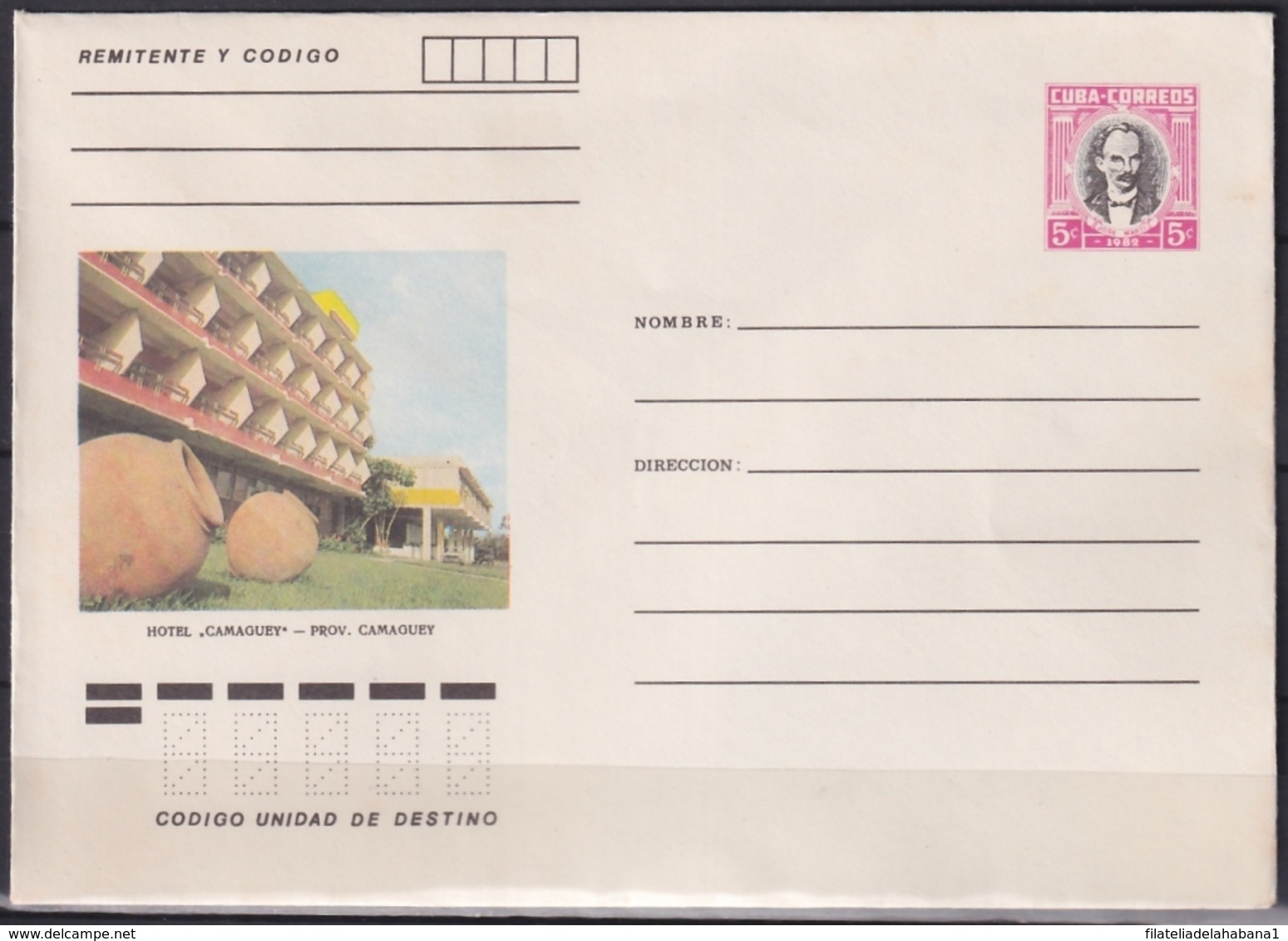 1982-EP-205 CUBA 1982 5c POSTAL STATIONERY COVER. CAMAGUEY, HOTEL CAMAGUEY. LIGERAS MANCHAS. - Lettres & Documents