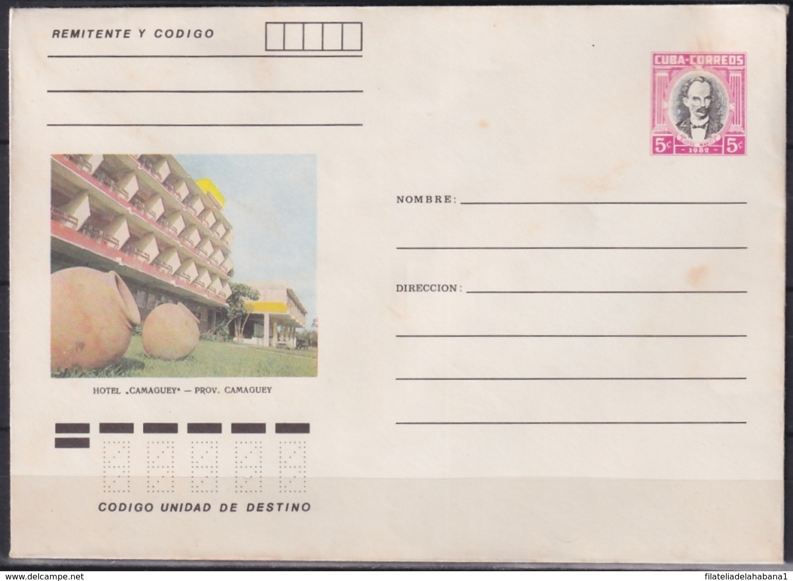 1982-EP-206 CUBA 1982 5c POSTAL STATIONERY COVER. CAMAGUEY, HOTEL CAMAGUEY. - Covers & Documents