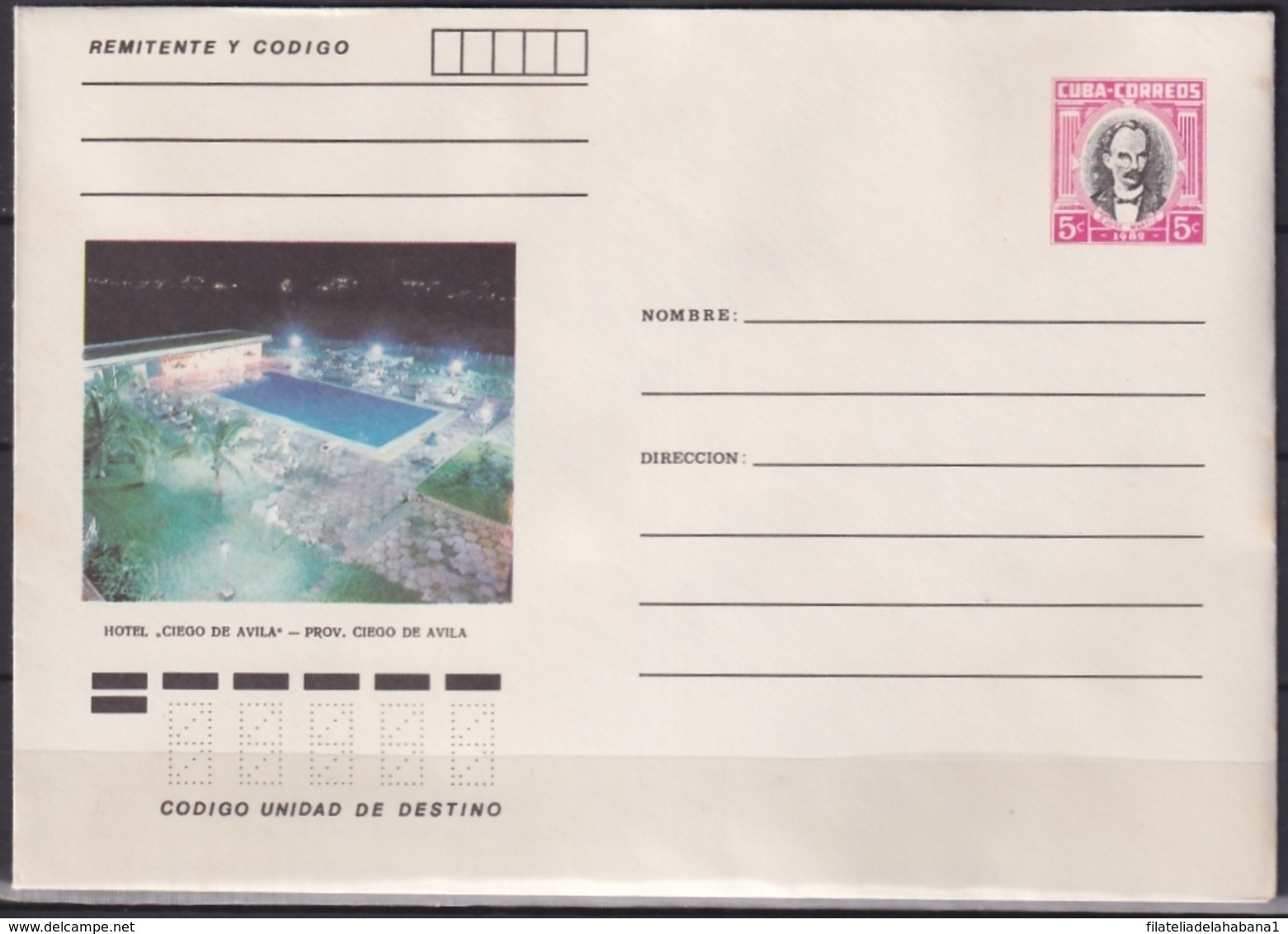 1982-EP-208 CUBA 1982 5c POSTAL STATIONERY COVER. CIEGO DE AVILA, PISCINA DEL HOTEL CIEGO DE AVILA. - Briefe U. Dokumente