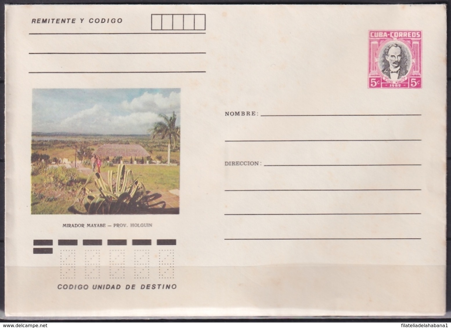 1982-EP-212 CUBA 1982 5c POSTAL STATIONERY COVER. HOLGUIN, MIRADOR DE MAYABE. LIGERAS MANCHAS. - Lettres & Documents