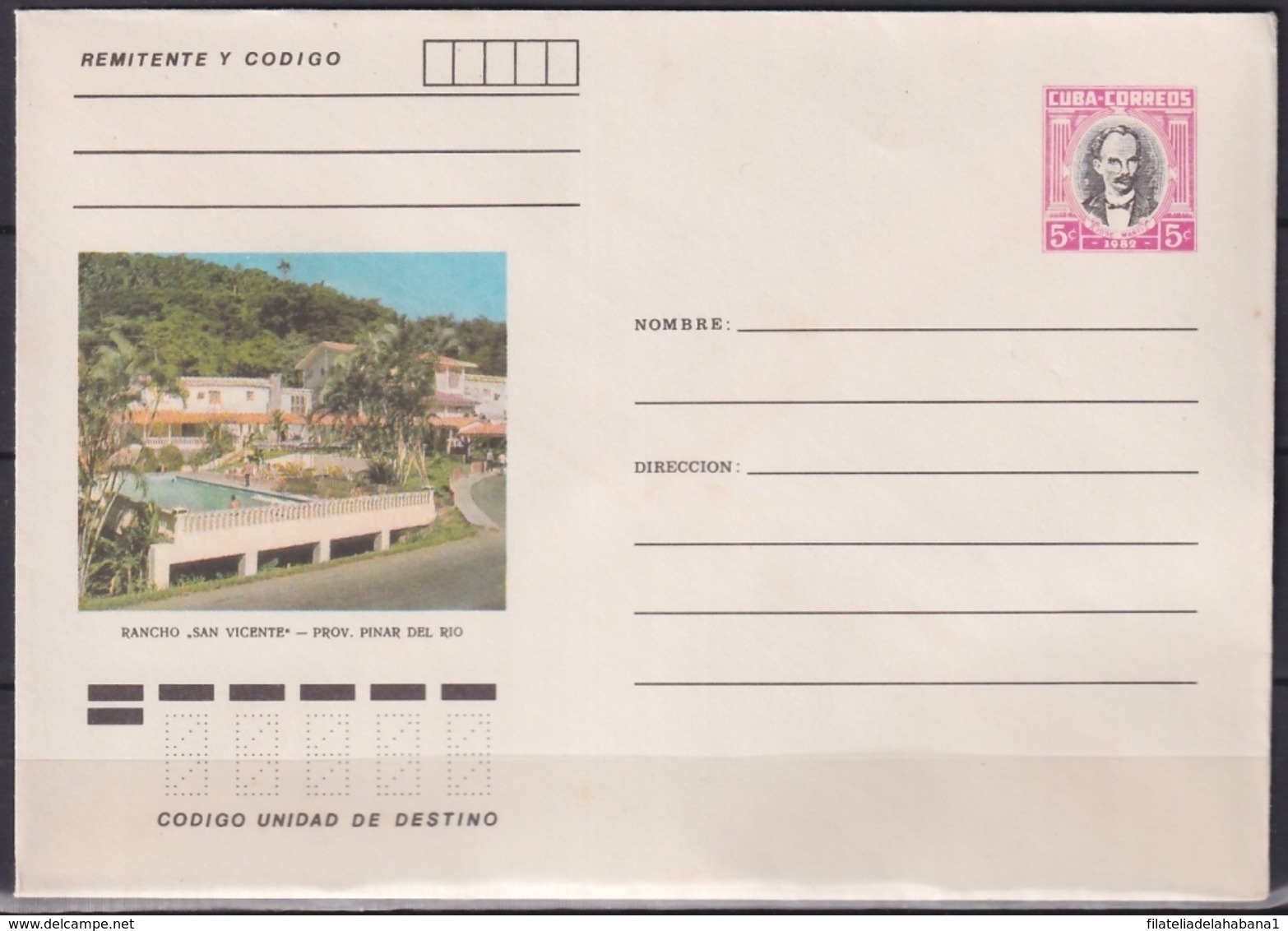 1982-EP-214 CUBA 1982 5c POSTAL STATIONERY COVER. PINAR DEL RIO, RANCHO SAN VICENTE. - Covers & Documents