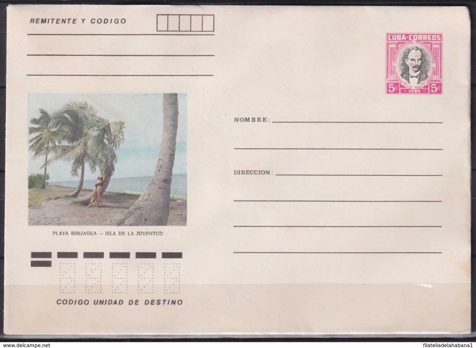 1982-EP-215 CUBA 1982 5c POSTAL STATIONERY COVER. ISLA DE PINOS, PLAYA BIBIJAGUA BEACH. - Brieven En Documenten