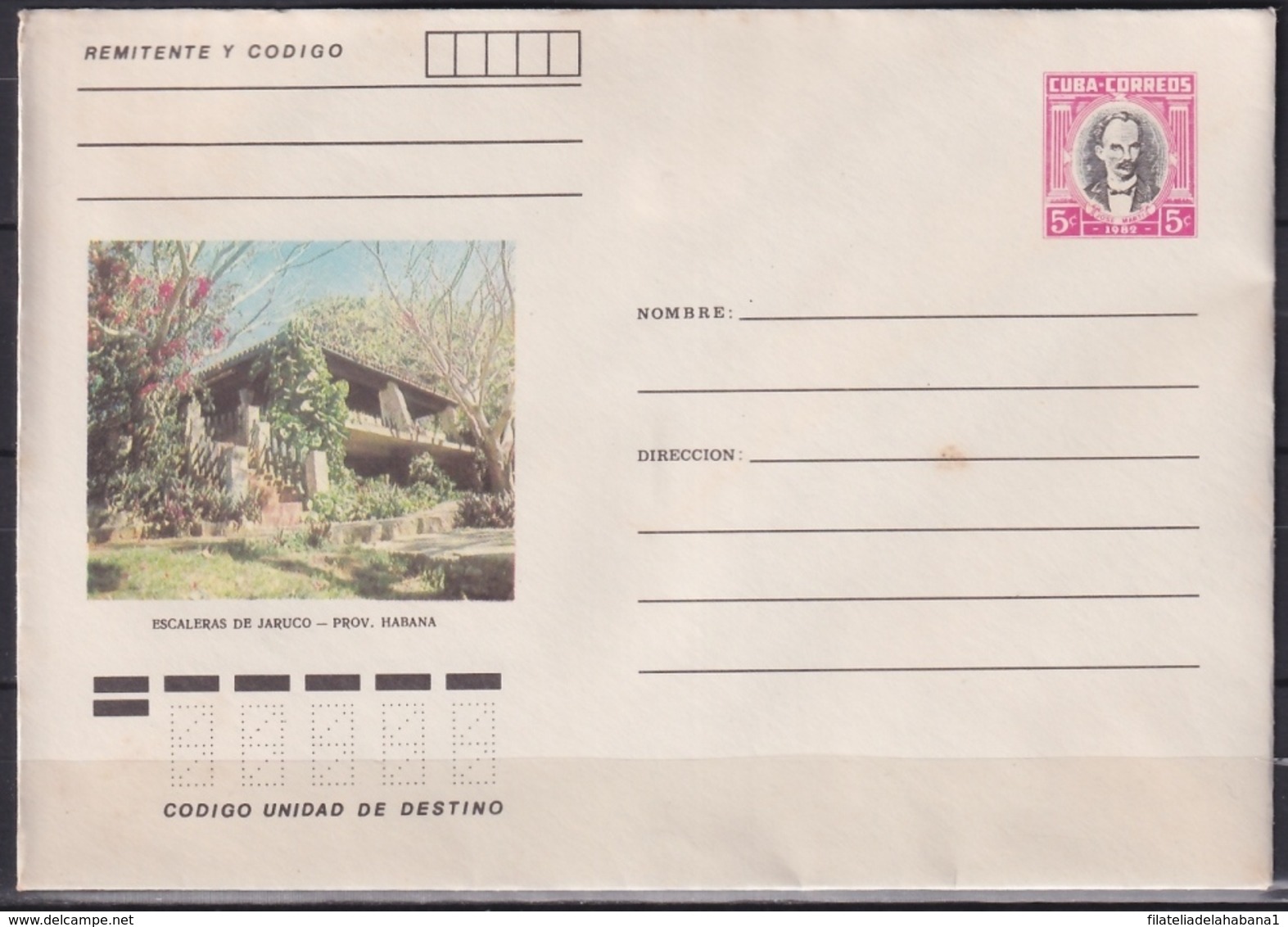 1982-EP-217 CUBA 1982 5c POSTAL STATIONERY COVER. HAVANA, ESCALERAS DE JARUCO. LIGERAS MANCHAS. - Briefe U. Dokumente