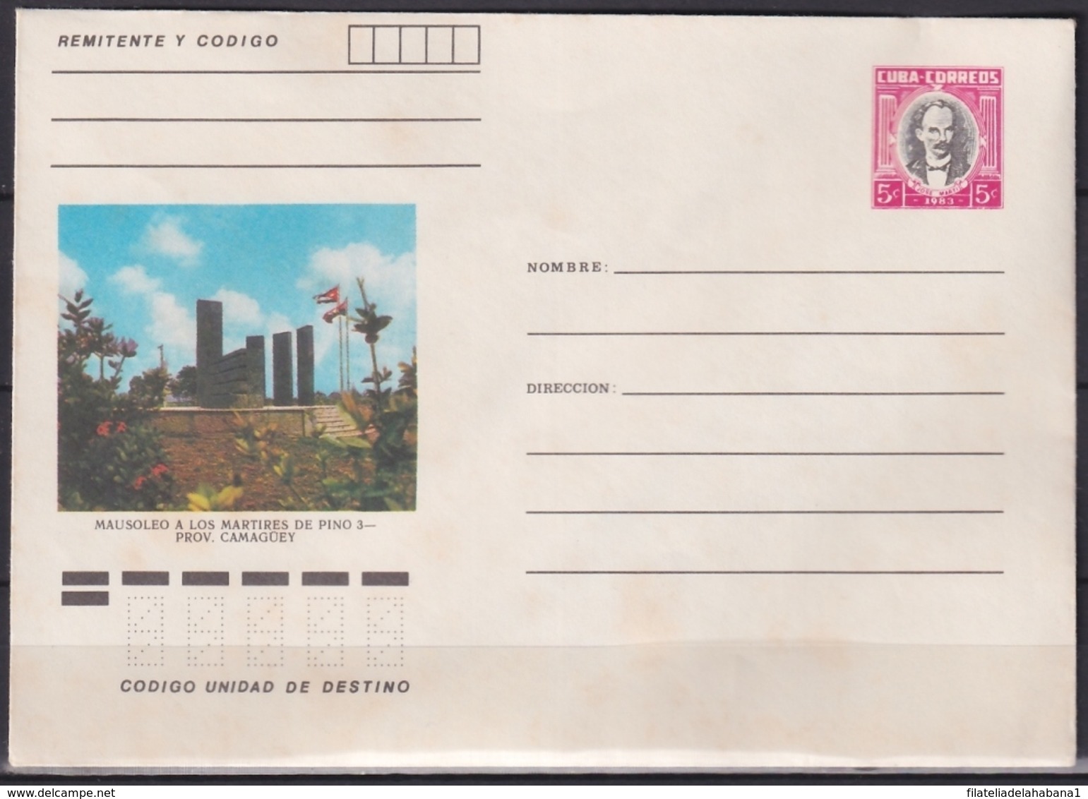 1983-EP-213 CUBA 1983 5c POSTAL STATIONERY COVER. CAMAGUEY, MAUSOLEO MARTIRES DE PINO 3. - Lettres & Documents