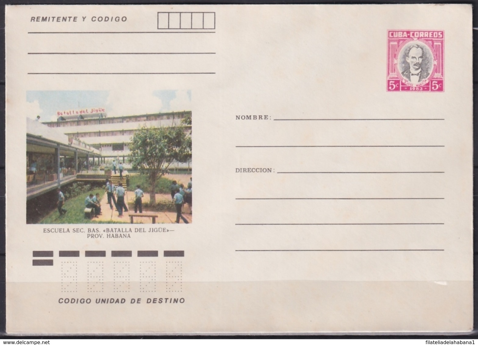 1983-EP-214 CUBA 1983 5c POSTAL STATIONERY COVER. HABANA, ESBEC ESCUELA SECUNDARIA BATALLA DE JIGUE. - Cartas & Documentos