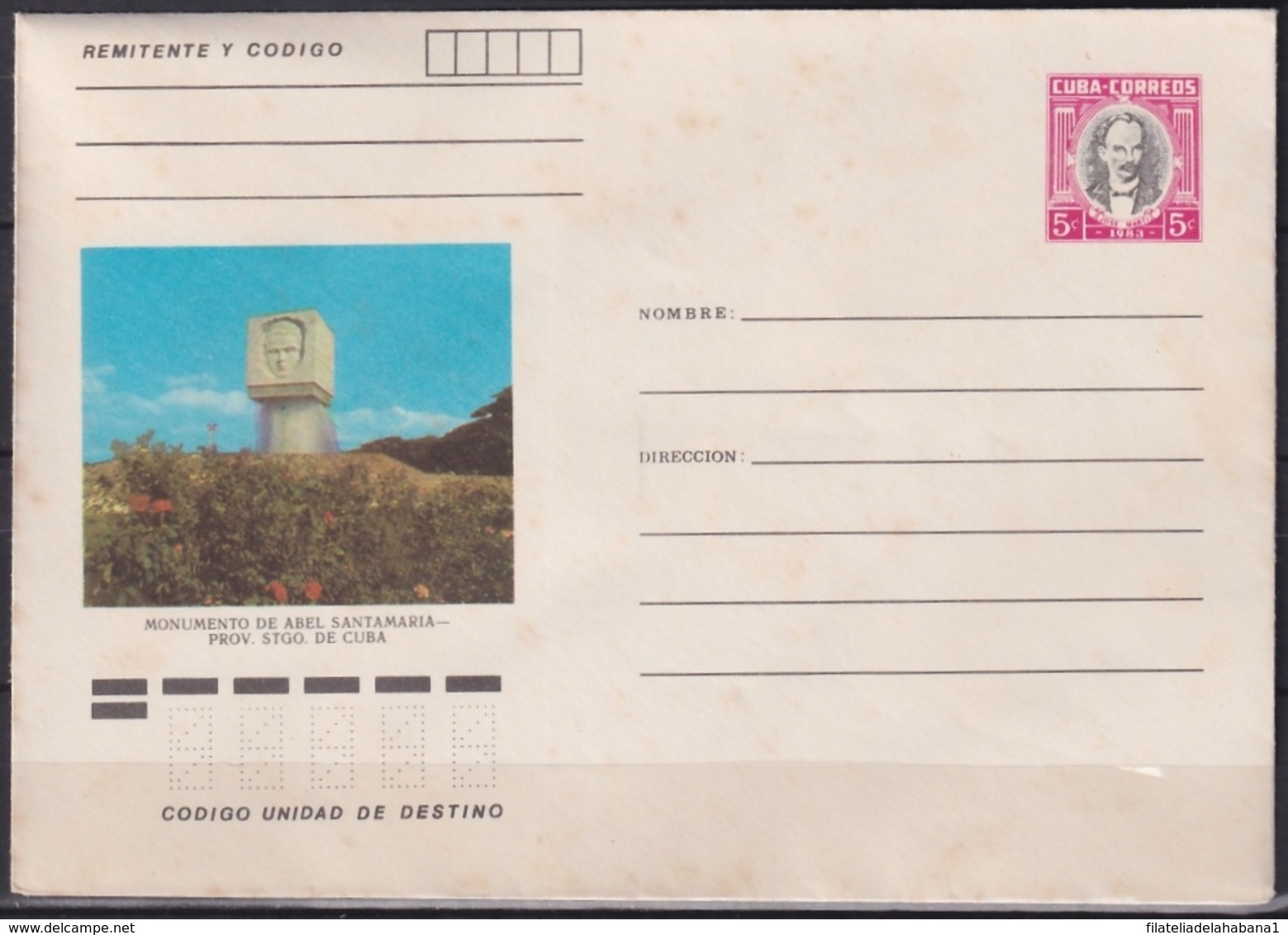 1983-EP-222 CUBA 1983 5c POSTAL STATIONERY COVER. SANTIAGO DE CUBA, MONUMENTO ABEL SANTAMARIA. LIGERAS MANCHAS - Brieven En Documenten