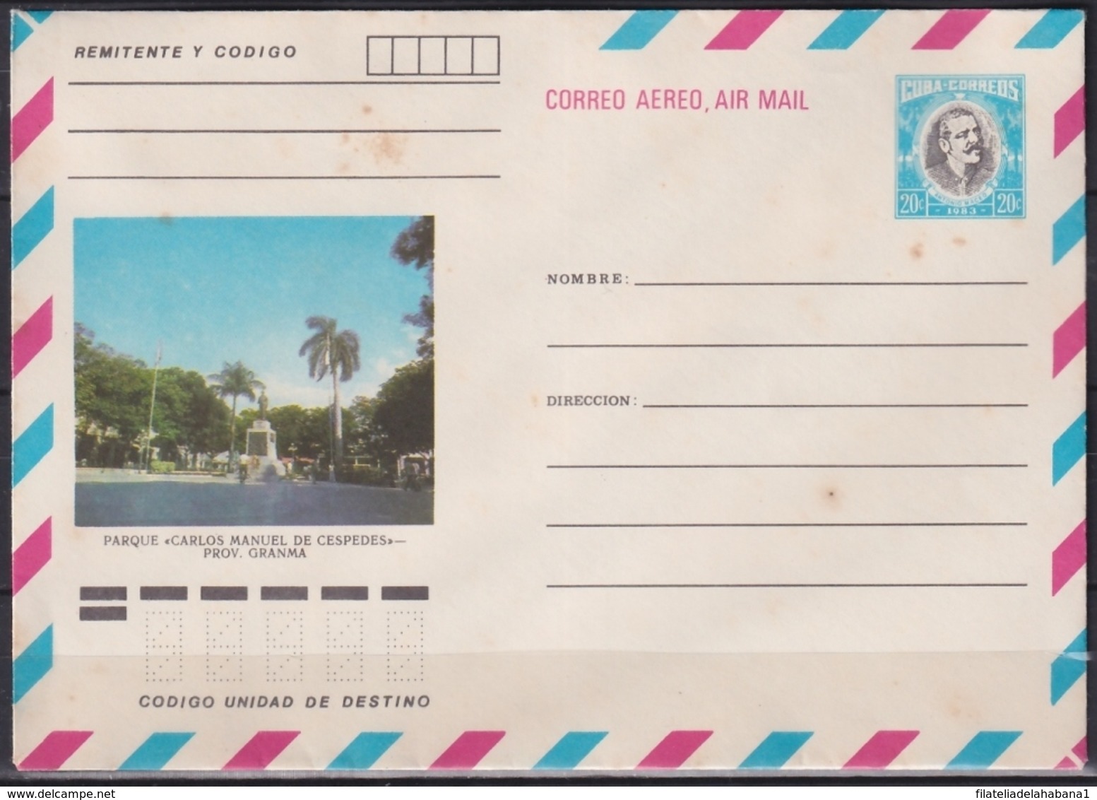 CUBA 1983 5c POSTAL STATIONERY COVER. GRANMA, PARQUE CARLOS MANUEL DE CESPEDES.LIGERAS MANCHAS - Briefe U. Dokumente