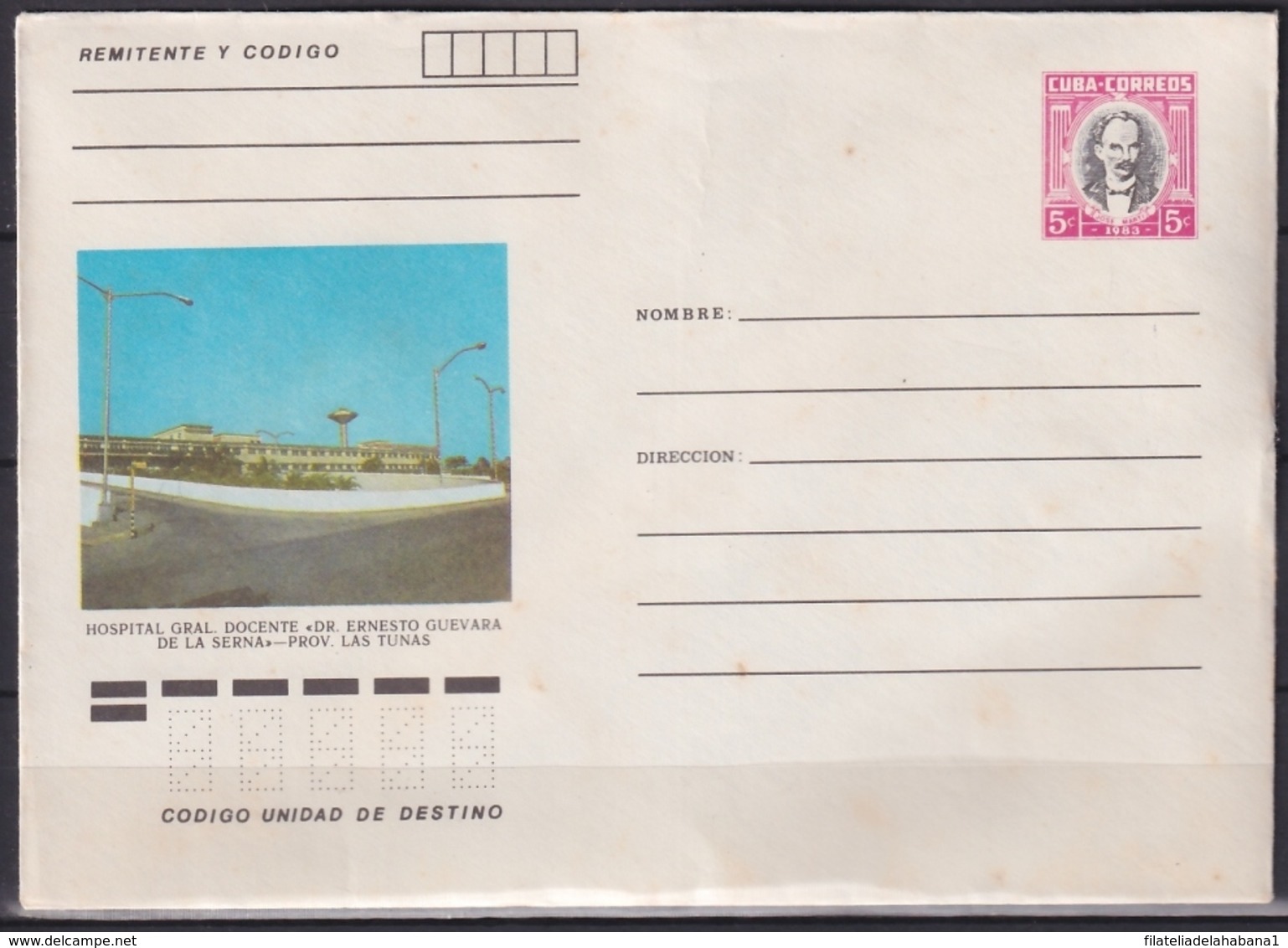 1983-EP-229 CUBA 1983 5c POSTAL STATIONERY COVER. LAS TUNAS, HOSPITAL ERNESTO CHE GUEVARA. LIGERAS MANCHAS. - Briefe U. Dokumente