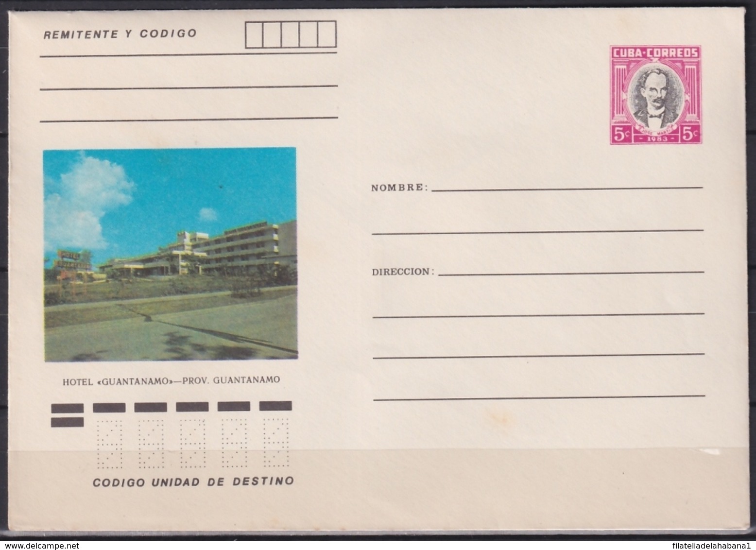 1983-EP-230 CUBA 1983 5c POSTAL STATIONERY COVER. GUANTANAMO, HOTEL GUANTANAMO. - Briefe U. Dokumente