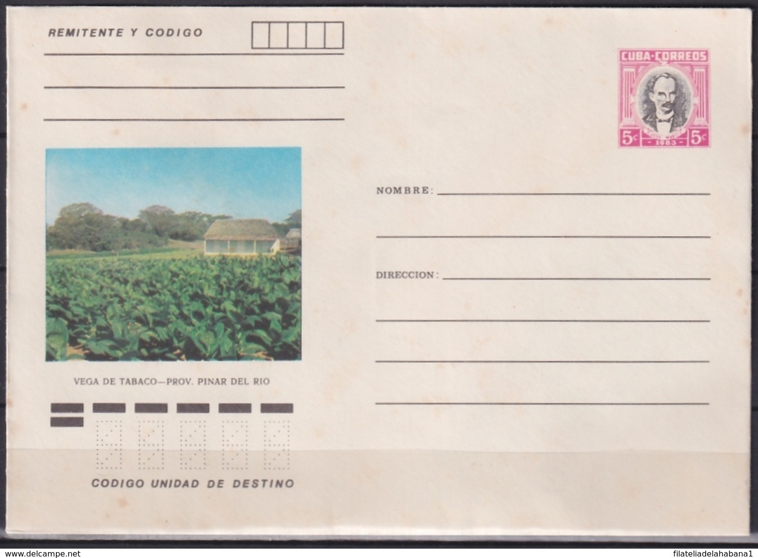 1983-EP-233 CUBA 1983 5c POSTAL STATIONERY COVER. PINAR DEL RIO, VEGA DE TABACO TOBACCO. - Brieven En Documenten