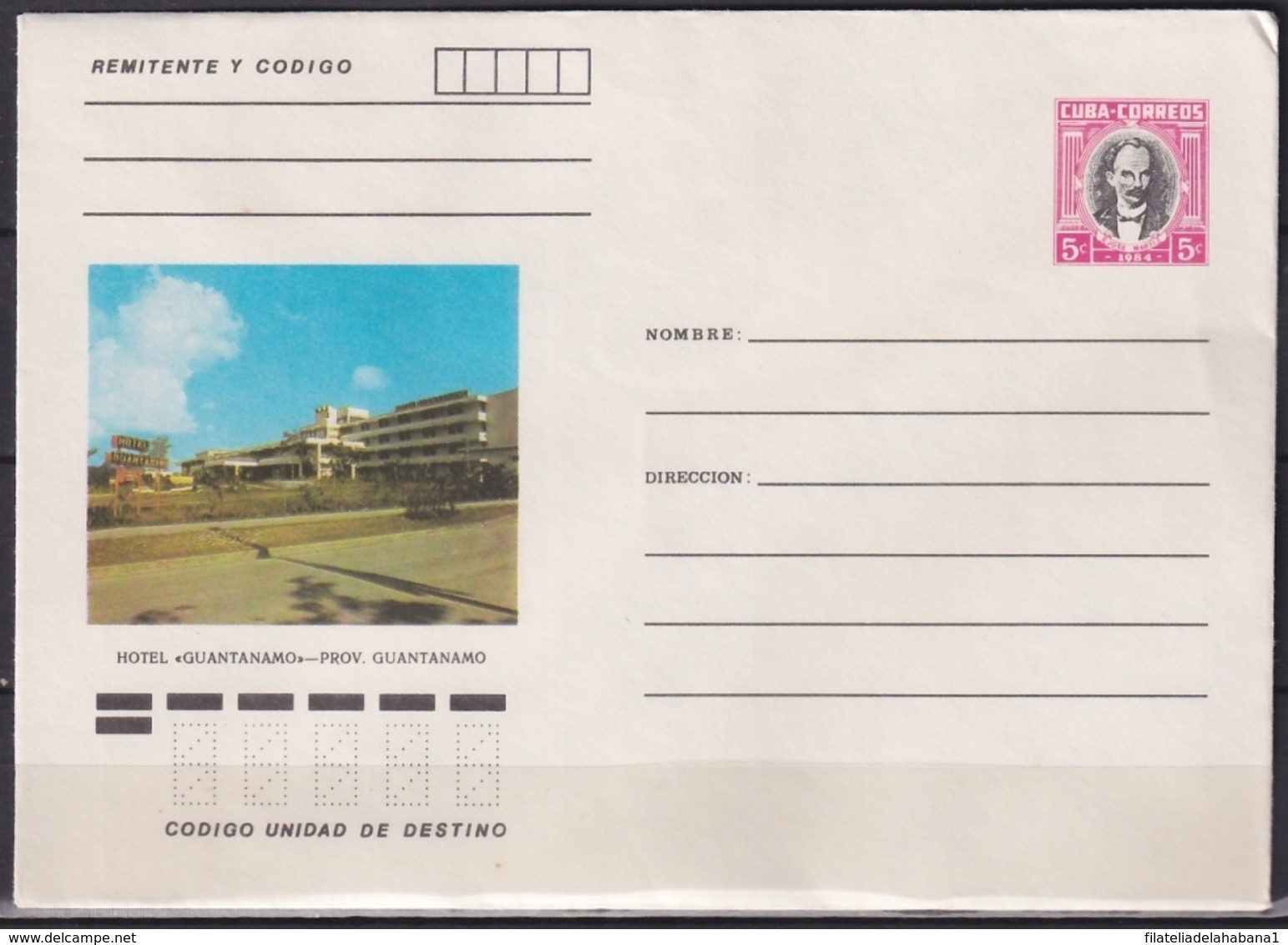 1984-EP-122 CUBA 1984 5c POSTAL STATIONERY COVER. GUANTANAMO, HOTEL GUANTANAMO. - Covers & Documents