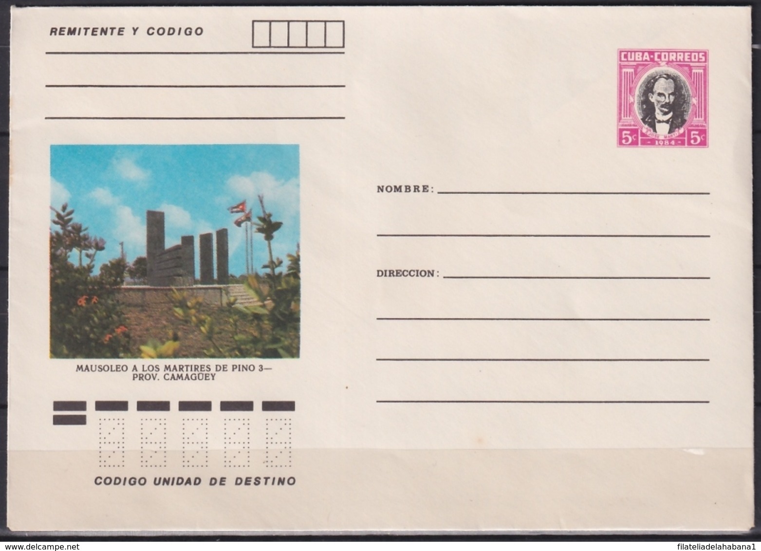 1984-EP-129 CUBA 1984 5c POSTAL STATIONERY COVER. CAMAGUEY, MAUSOLEO MARTIRES DE PINO - Brieven En Documenten