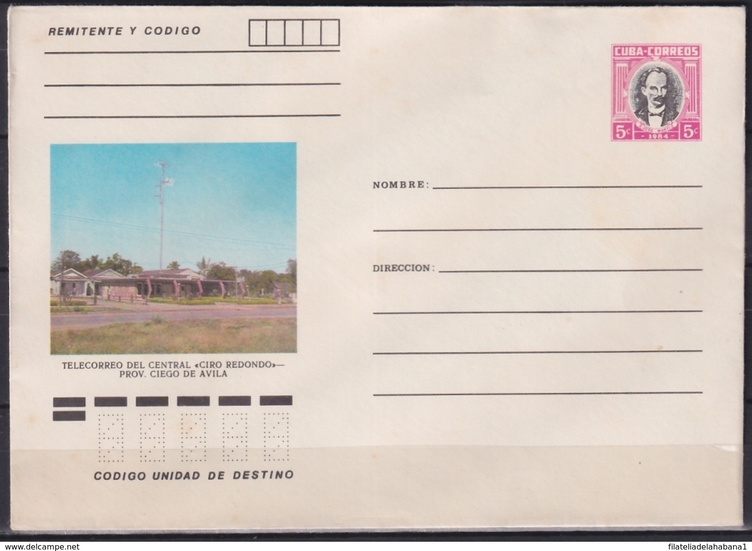 1984-EP-135 CUBA 1984 5c POSTAL STATIONERY COVER. CIEGO DE AVILA, TELECORREO CENTRAL SUGAR MILLS CIRO REDONDO. - Covers & Documents