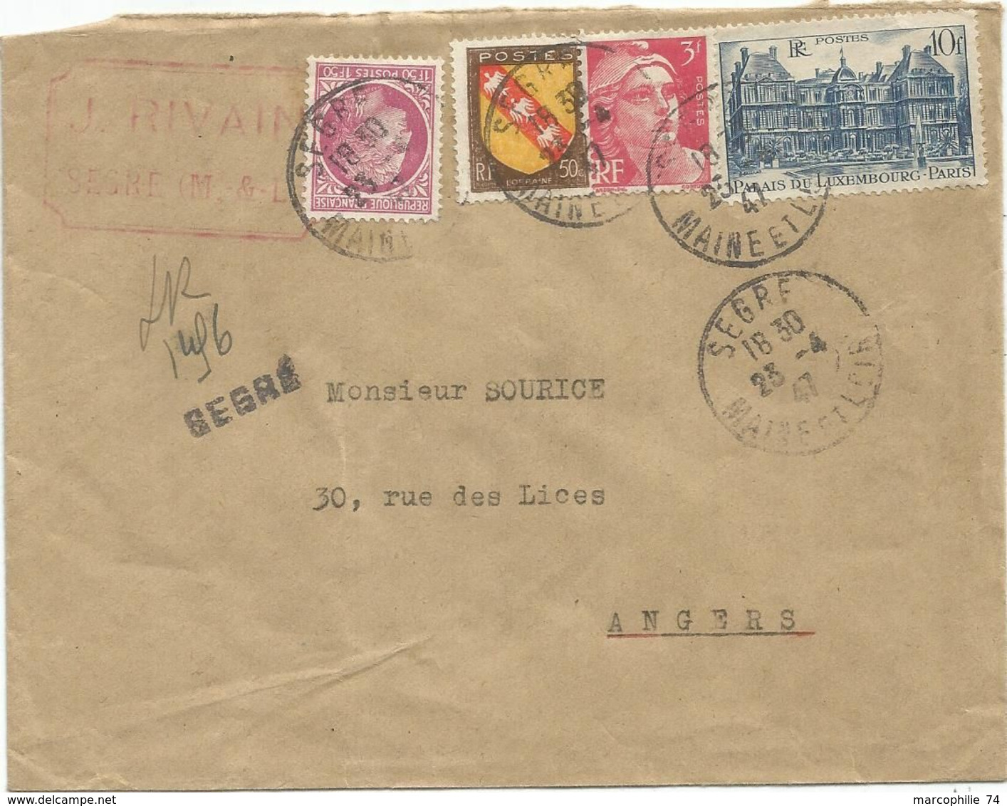 N°760+716+757+676 LETTRE REC PROVISOIRE SEGRE 23.4.1947 MAINE ET LOIRE - 1921-1960: Modern Period