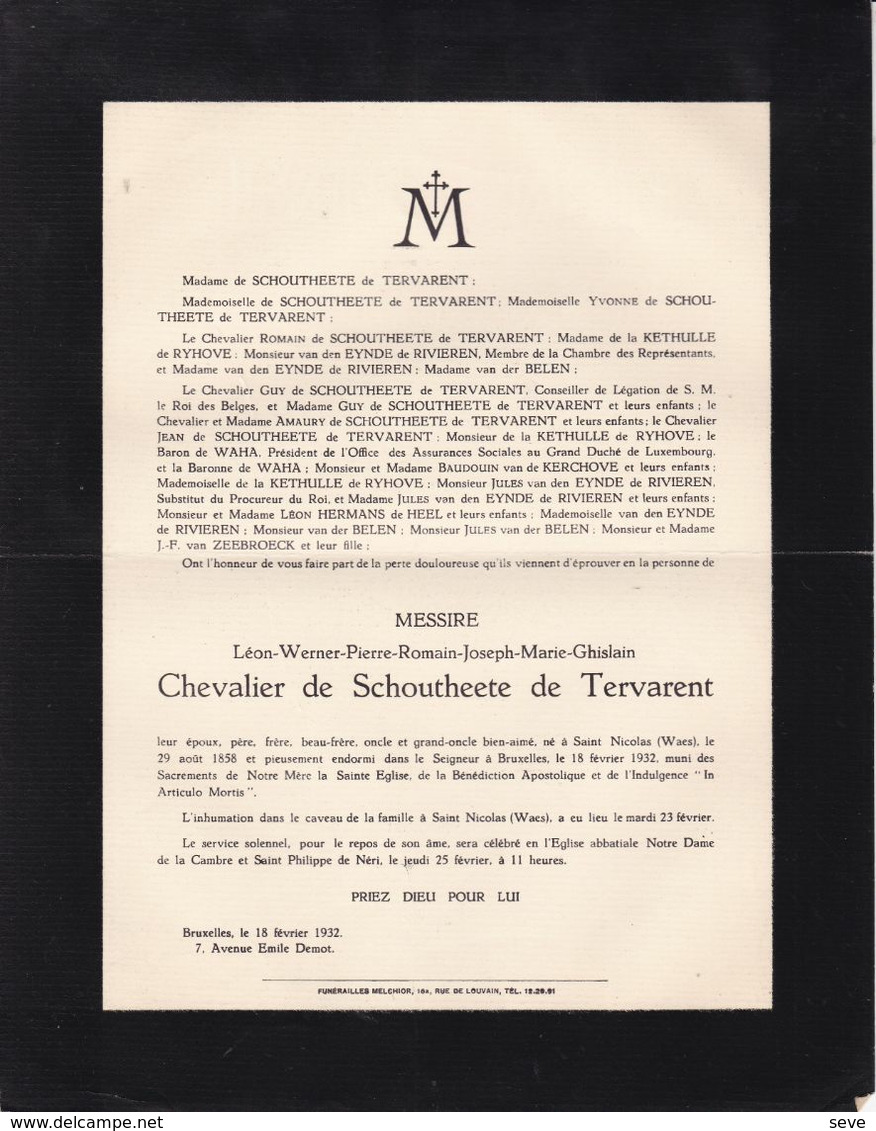 SAINT NICOLAS WAES De SCHOUTHEETE De TERVARENT Léon 1858-1932 Famille Van Den EYNDE De RIVIEREN De La KETHULLE - Décès