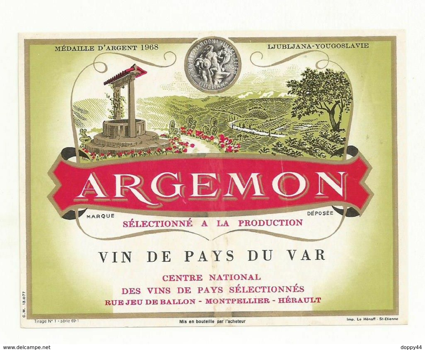 ETIQUETTE VIN PAYS  DU VAR  ARGEMON - Languedoc-Roussillon