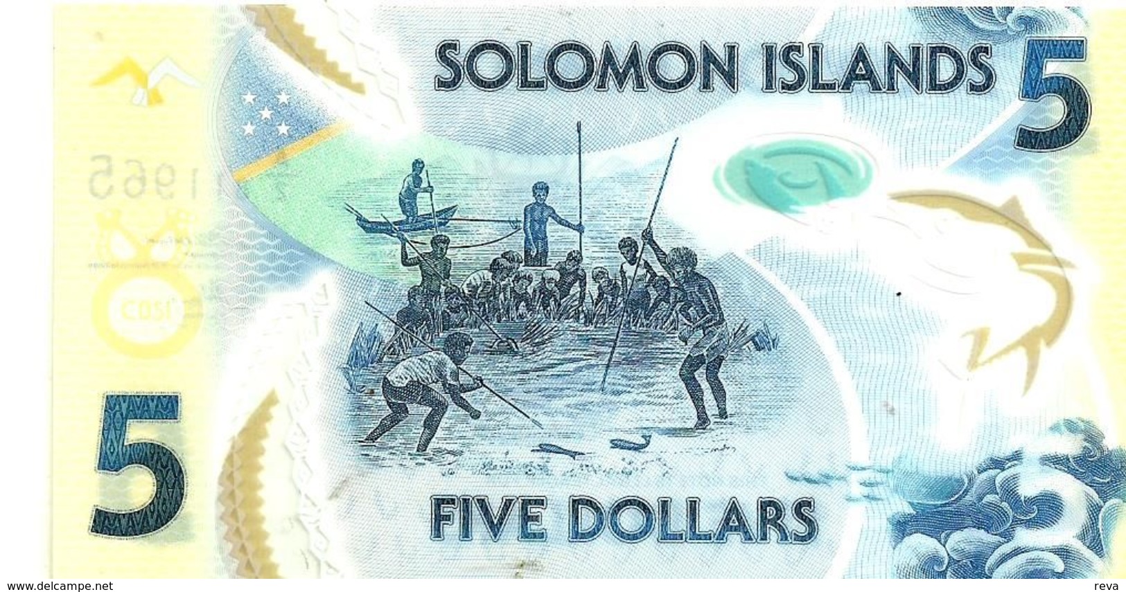 SOLOMON ISLANDS $5 BLUE NATIONAL EMBLEM FRONT BOAT BACK  POLYMER UNC  NO DATE P.NEW  READ DESCRIPTION !! - Isla Salomon