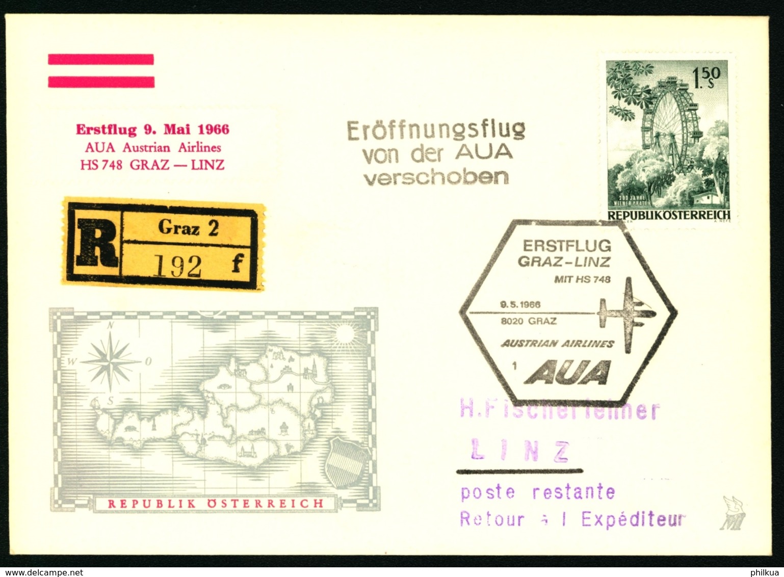 1966 Erstflug 9. Mai 1966 AUA Austrian Airlines HS 748  Graz - Linz Stempel_ Eröffnungsflug Von Der AUA Verschoben - Autres & Non Classés