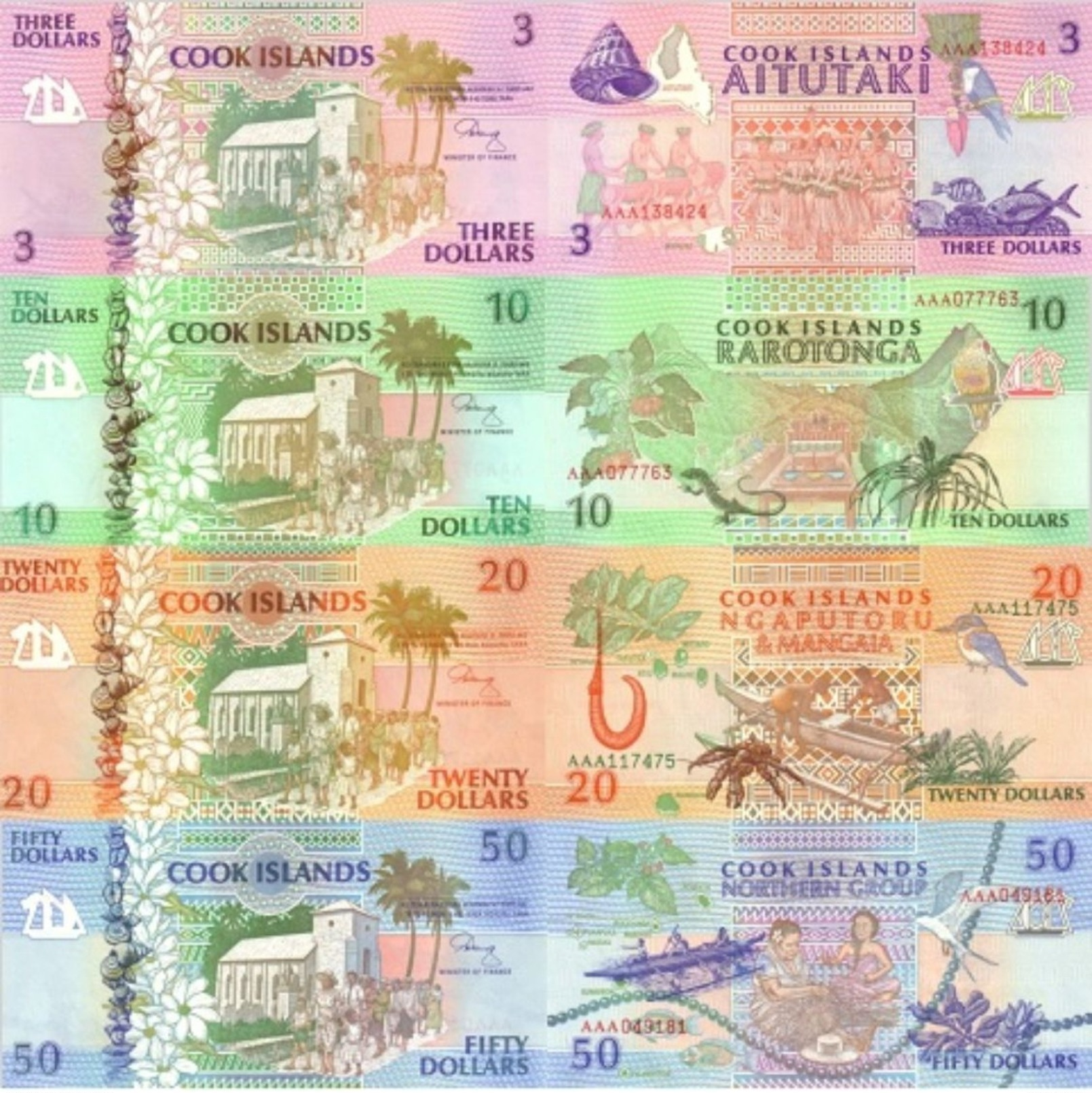 COOK ISLANDS Set (4v)  3 10 20 50 Dollars ND (1992) P 7 - 10 UNC - Cook Islands