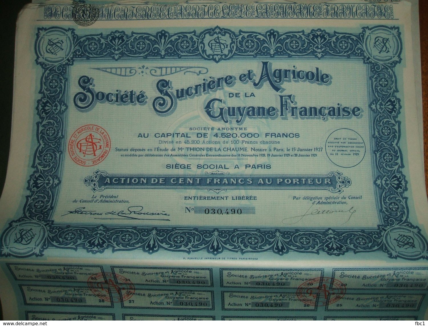 Guyane Française - Lot De 10 Actions De La Société Sucrière Et Agricole De La Guyane Française - Paris - 1929 - Agriculture