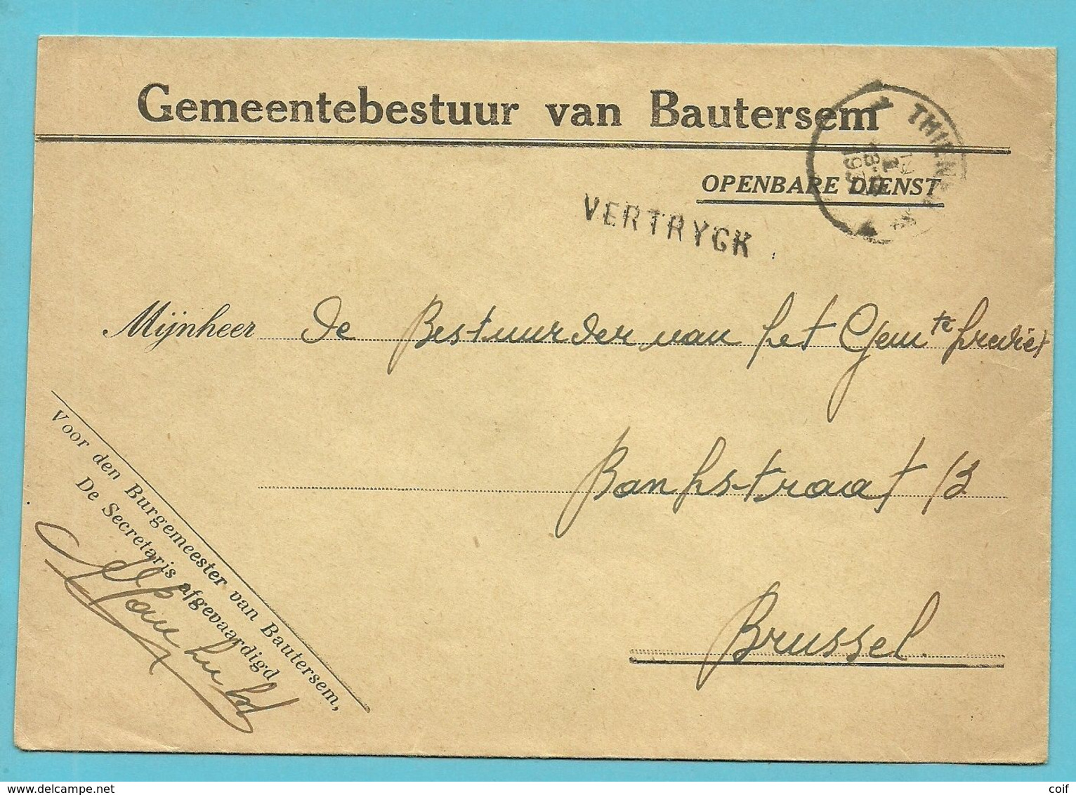 Brief GEMEENTEBESTUUR VAN BAUTERSEM (Boutersem)met Stempel THIENEN En Naamstempel VERTRYCK - Franchise