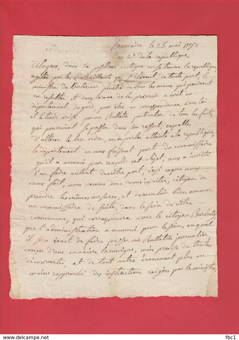 Gard- Beaucaire- Révolution Française Lettre Des Administrateurs Du Directoire Du District De Beaucaire 1793 - Historical Documents