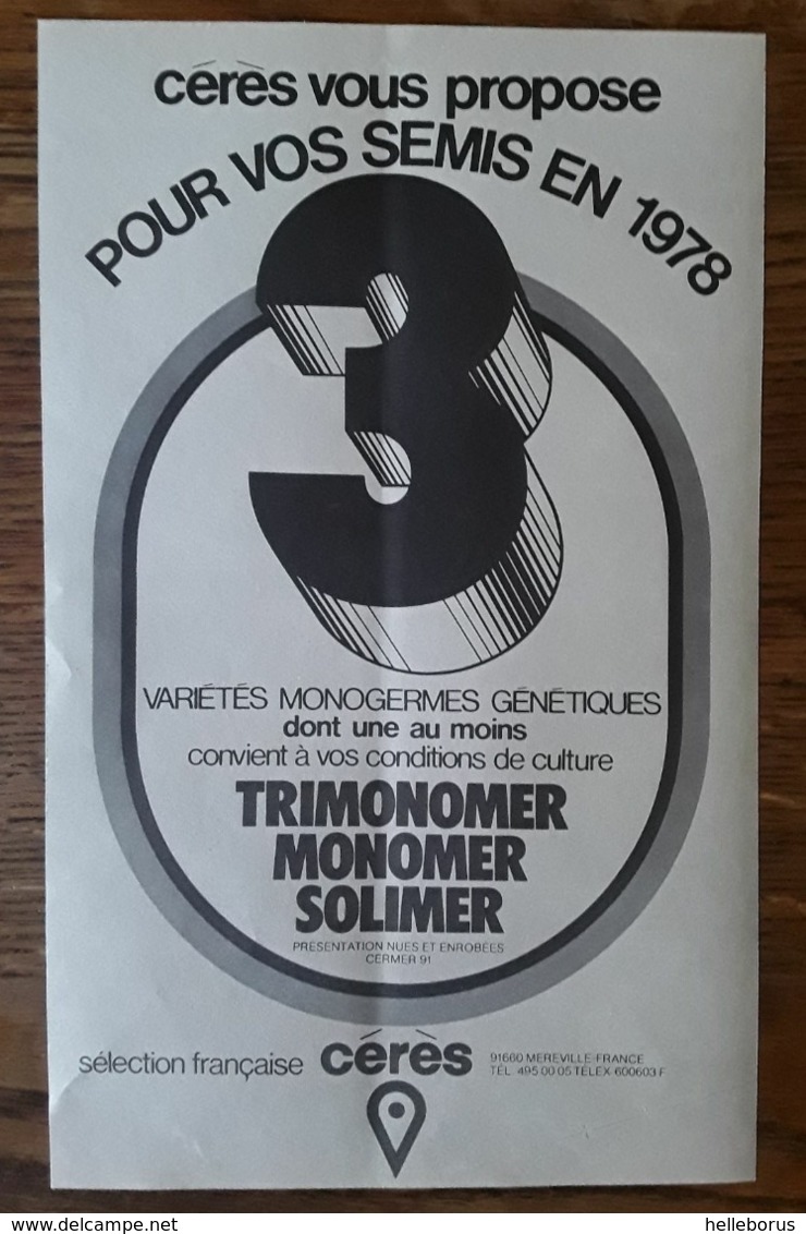 PUB 1978 Agricole Semis Trimonomer Monomer Solimer Cérès MEREVILLE Essonne 91 - Pubblicitari