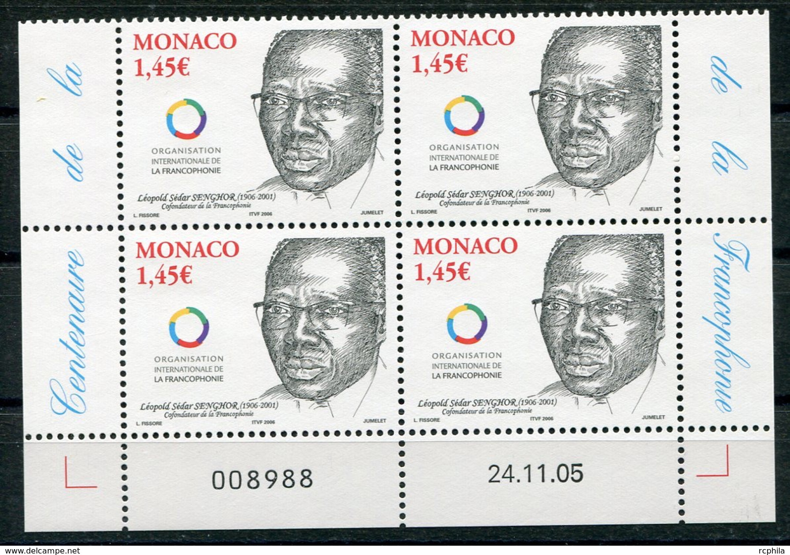 RC 18216 MONACO N° 2533 LÉOPOLD SÉDAR SENGHOR SÉNÉGAL BLOC DE 4 COIN DATÉ NEUF ** TB - Unused Stamps