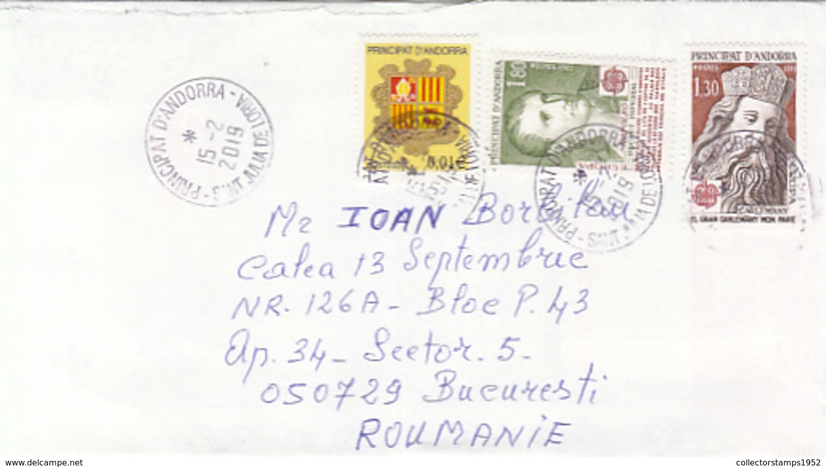 89699- COAT OF ARMS, PERSONALITIES, STAMPS ON COVER, 2019, FRENCH ANDORRA - Covers & Documents