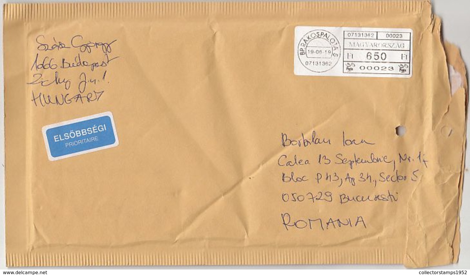 8034FM- AMOUNT 650 MACHINE PRINTED STICKER STAMPS ON COVER, 2019, HUNGARY - Brieven En Documenten