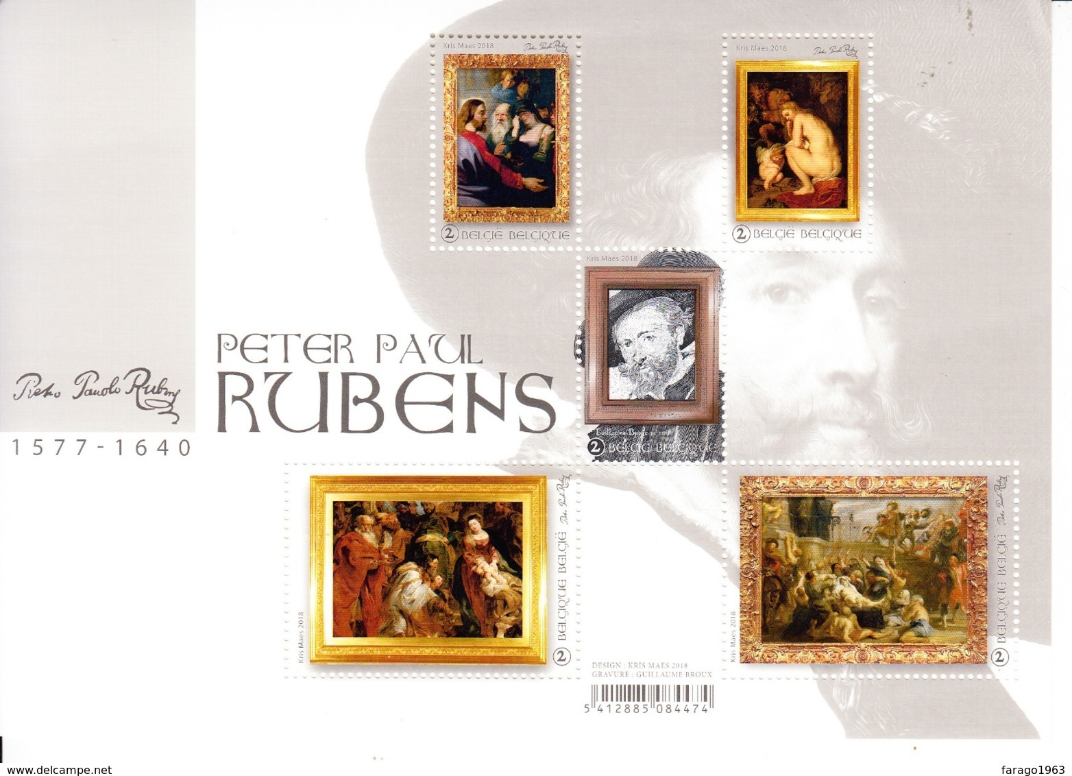 2018 Belgium Rubens Art Painting Souvenir Sheet Complete MNH  @ BELOW Face Value  ** Corner Wrinkle Upper Right** - Neufs