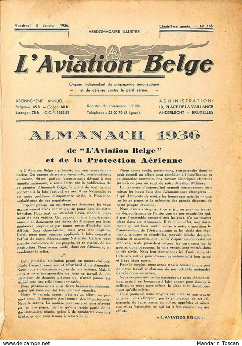 Almanach De L'aviation Belge Et De La Protection Aérienne 1936 - 1901-1940