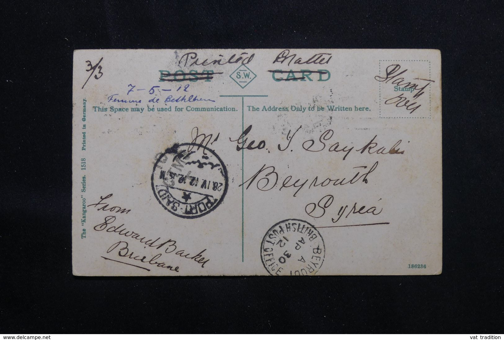AUSTRALIE - Affranchissement Du Queensland Sur Carte Postale De Sydney En 1912 Pour Beyrouth - L 68657 - Brieven En Documenten