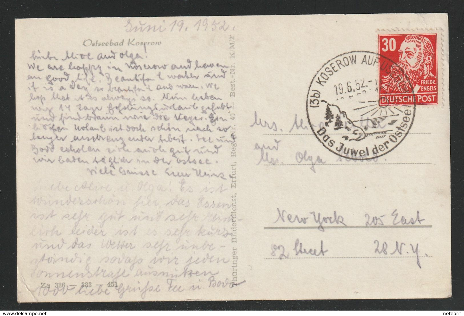 Auslandsansichtskarte Portorichtig Mit MiNr. 222 EF Von KOSEROW Auf USEDOM 19.6.52 -11 SSt. Nach NEW YORK USA - Storia Postale