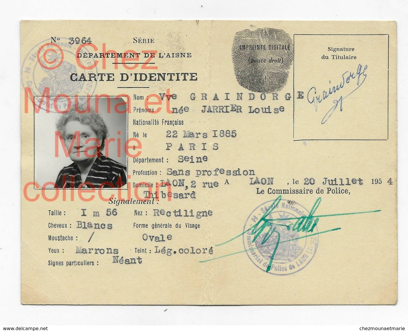 1954 JARRIER LOUISE EPOUSE GRAINDORGE NEE 1885 PARIS HABITANT LAON RUE THIBESARD - CARTE D IDENTITE - Documents Historiques