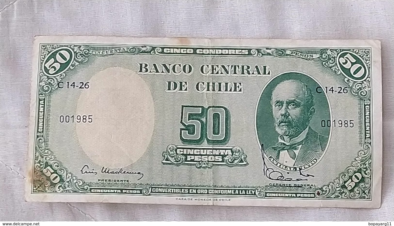 Billet Banknote  Chile 50 Pesos 5 Centesimos Escudo Paper Money #16 - Cile