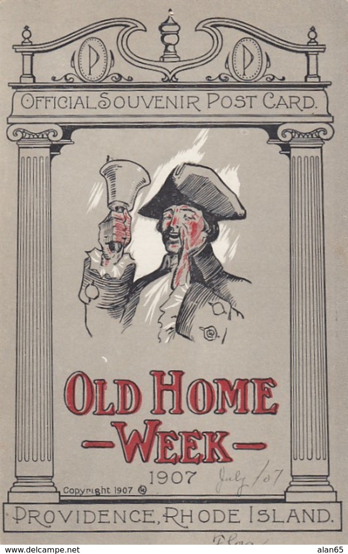 Providence Rhode Island, 'Official Souvenir' Old Home Week 1907, Town Crier Rings Bell C1900s Vintage Postcard - Providence