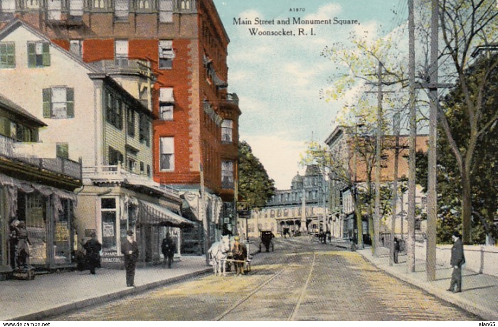 Woonsocket Rhode Island, Main Street Scene, Monument Square Civil War Statue C1900s/10s Vintage Postcard - Woonsocket