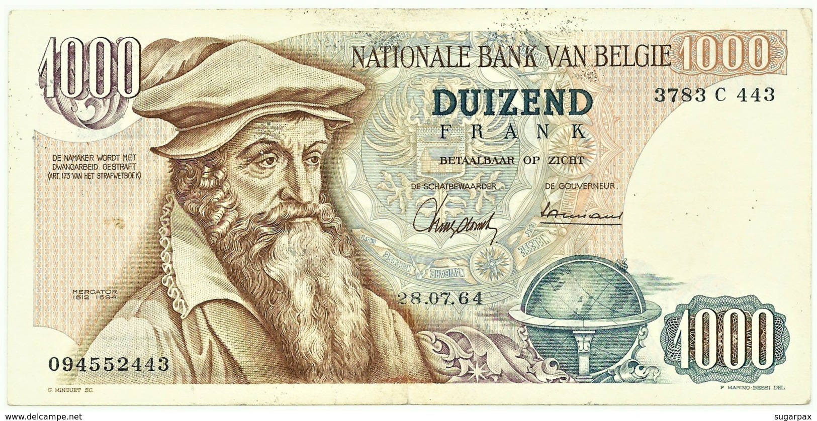 Belgium - 1000 Francs - 28.07.1964 - Pick 136.a - Sign. 1 And 7 - Serie 3783 C 443 - Mercator - 1.000 - 1000 Frank