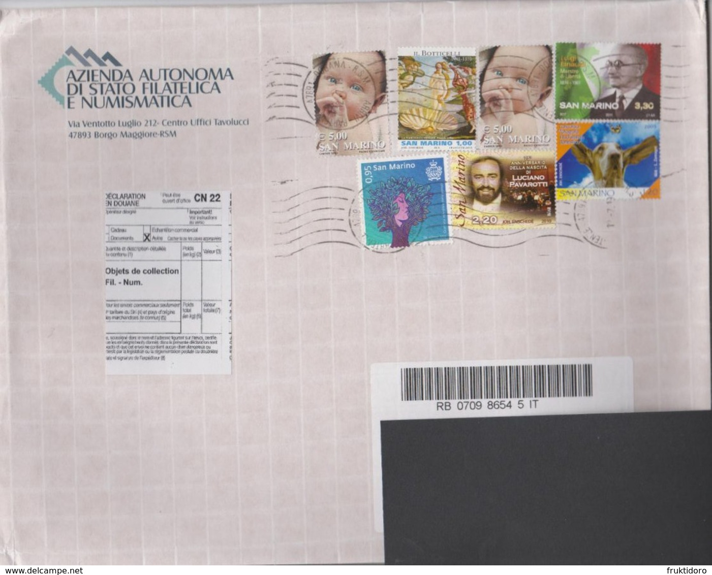 San Marino Registered Letter Barcode With Customs Declaration - Mi 2005 Baby Mi 2418 Beagle (Canis Lupus Familiaris) - Express Letter Stamps